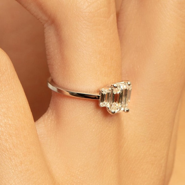 Three Stone Emerald Cut Moissanite Engagement Ring