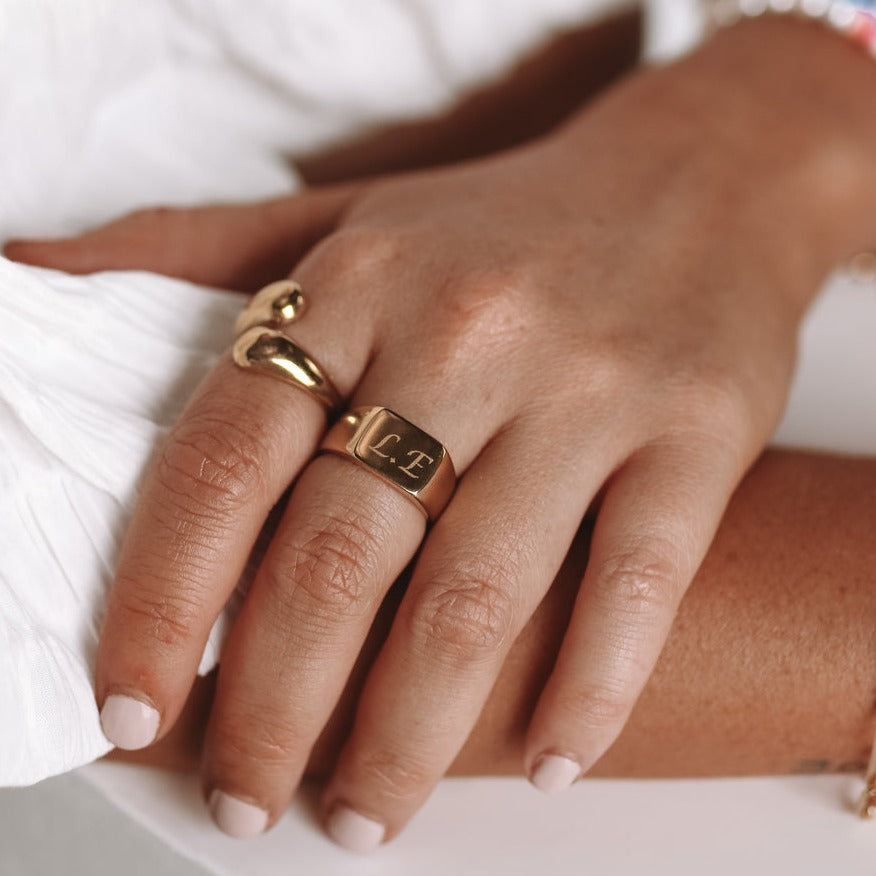 Yellow Gold Initials Letters Signet Ring